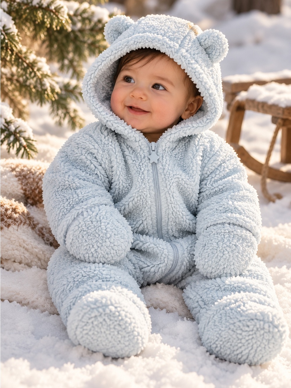 London Fog Baby Teddy Bear Sherpa Bunting Snowsuit Blue – 3–6M